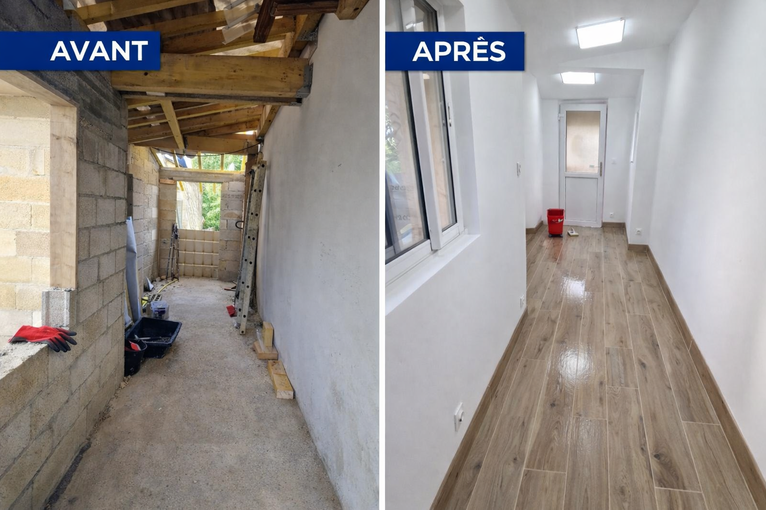 avant après rénovation de couloir avec placo et carrelage imitation bois à Charleville-Mézières