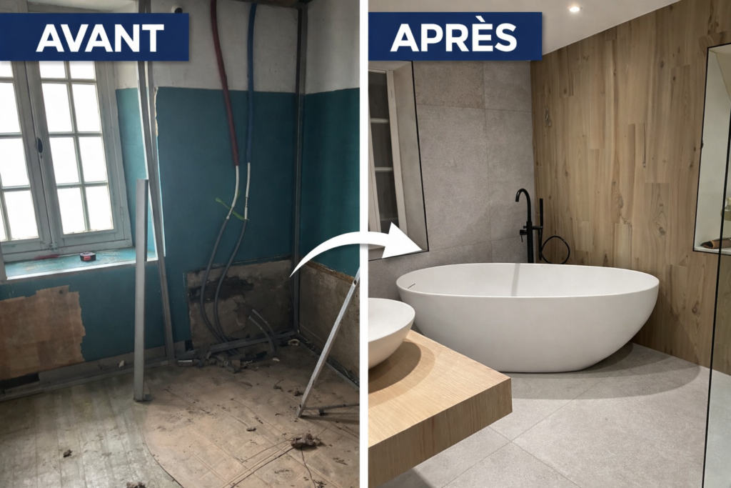 création de salle de bain avec baignoire îlot et meuble vasque