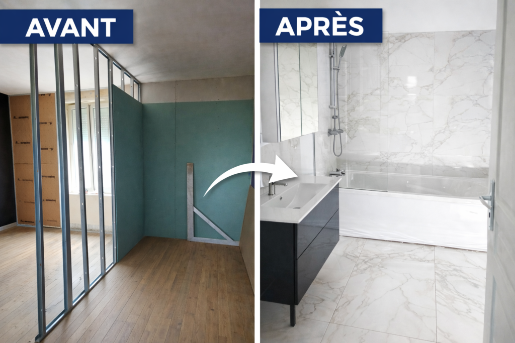 rénovation de salle de bain avec douche et meuble vasque avant après
