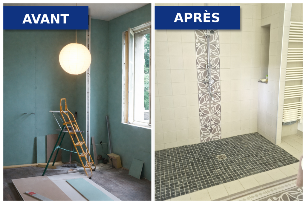 rénovation de salle de bain avec douche carrelée avant après