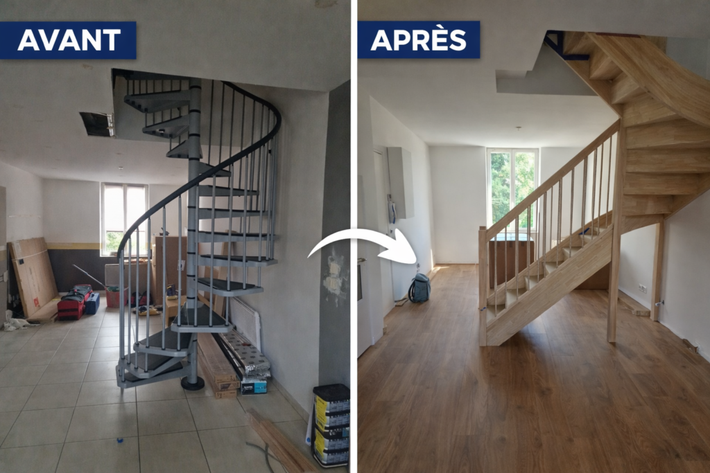 Avant après remplacement d’un escalier et pose de parquet dans une rénovation intérieure à Charleville-Mézières