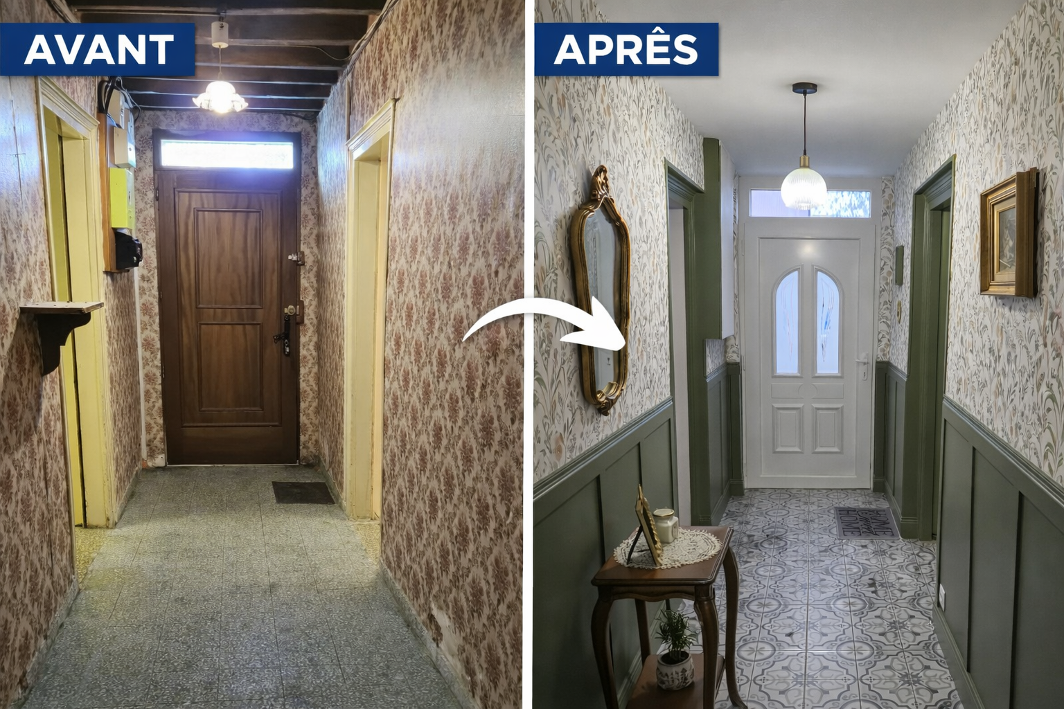 couloir rénové avec carrelage décoratif imitation carreaux de ciment à Rethel 08300