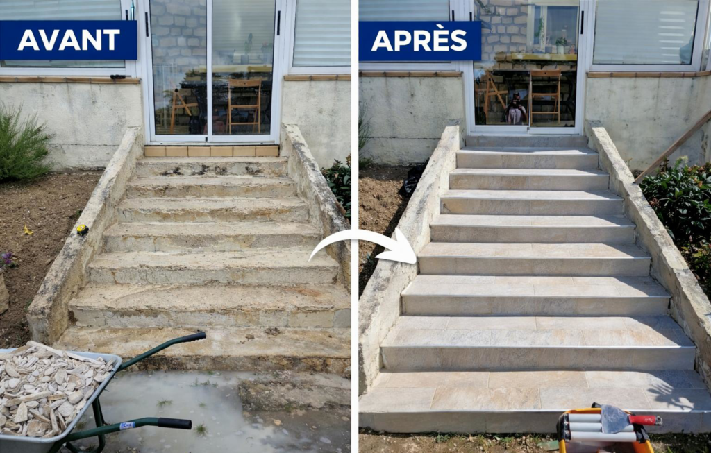 pose de carrelage sur marches extérieures après rénovation rethel